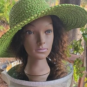 Women's Chartreuse Green Wide Brim Straw Hat